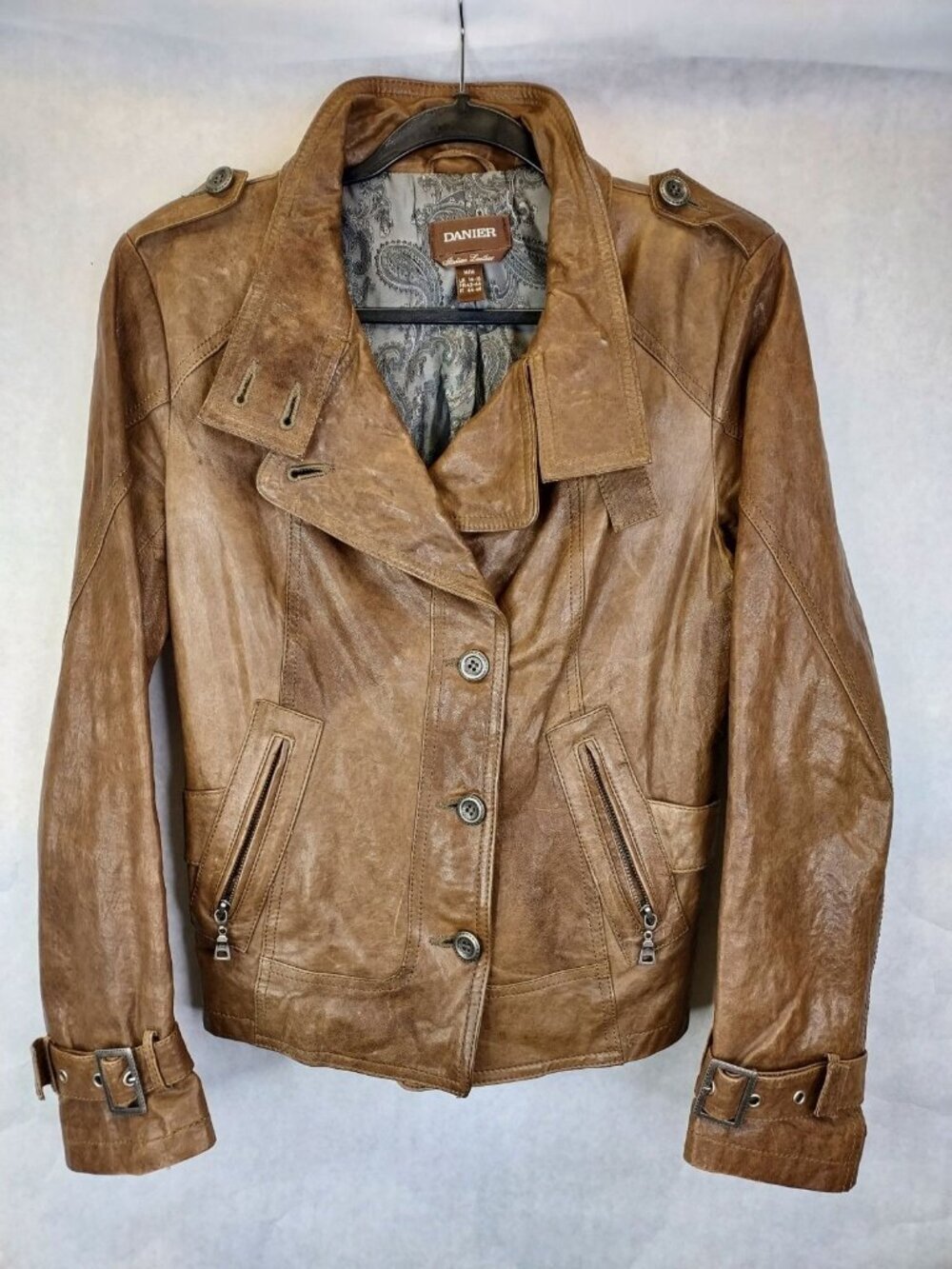 DANIER Moto Leather Jacket Womens M Brown Distressed Buckles Wide Collar Western